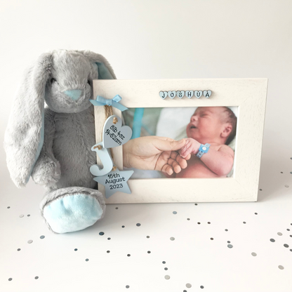 New Baby Girl Personalised Wooden Photo Frame and Bunny Rabbit Gift Set