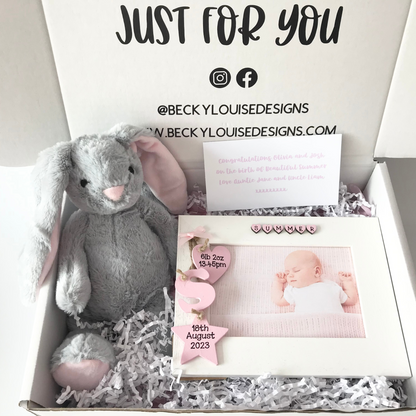New Baby Girl Personalised Wooden Photo Frame and Bunny Rabbit Gift Set