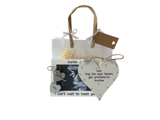 gift bag with baby scan photo frame and wooden heart plaque for new auntie to be