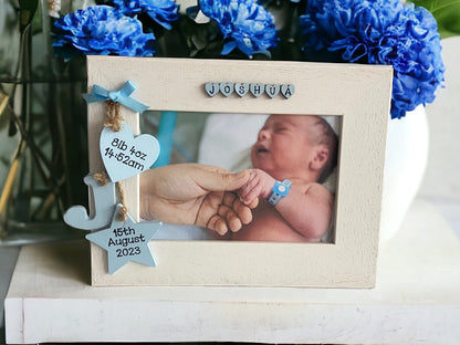 wooden white photo frame for new baby boy keepsake gift with wooden heart star and initial