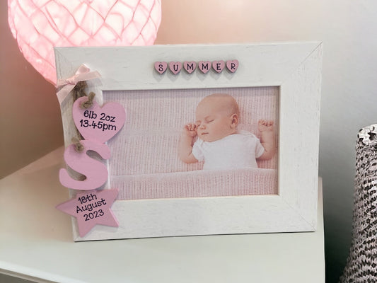 white wooden photo frame for new baby girl with name birth date and time on 