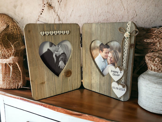 rustic wooden double heart photo frame personalised with names