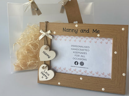 Image shows vintage brown nanny and me photo frame with gift bag.