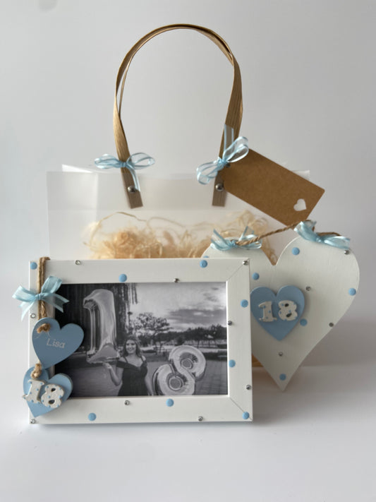 Image shows an 18th gift set including a photo frame and plaque, come decorated with polka dots, gems and ribbon. Also includes a photo of your choice and gift wrap.