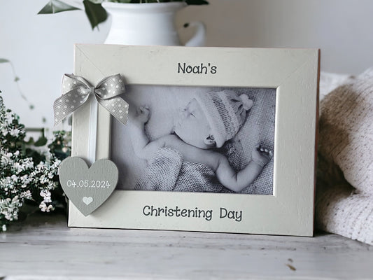 white wooden personalised christening day photo frame with grey bow and heart with christening date on