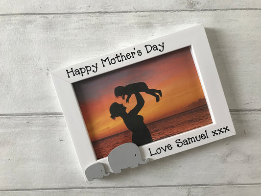 Image shows photo frame for mothers day, including the child/childrens names and mummy elephant and baby elephant.