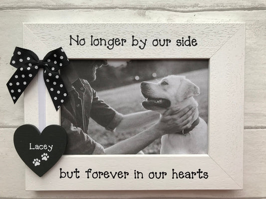 Image shows wooden pet loss photo frame with quote, consists of wooden heart with pets name attached to white ribbon and a polka dot bow.