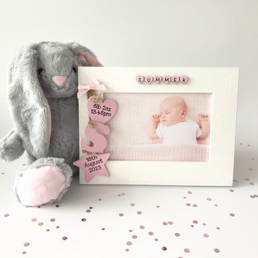 New Baby Personalised Wooden Photo Frame and Bunny Rabbit Gift Set