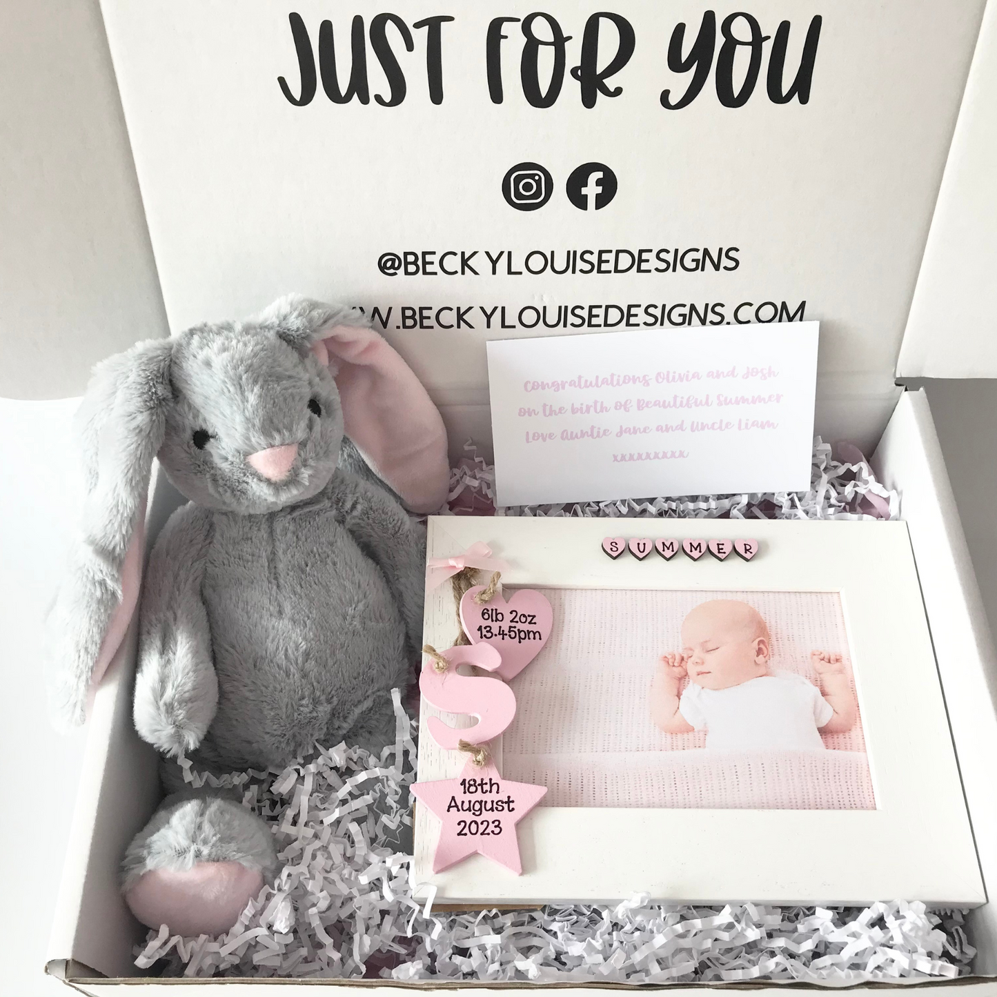 New Baby Personalised Wooden Photo Frame and Bunny Rabbit Gift Set