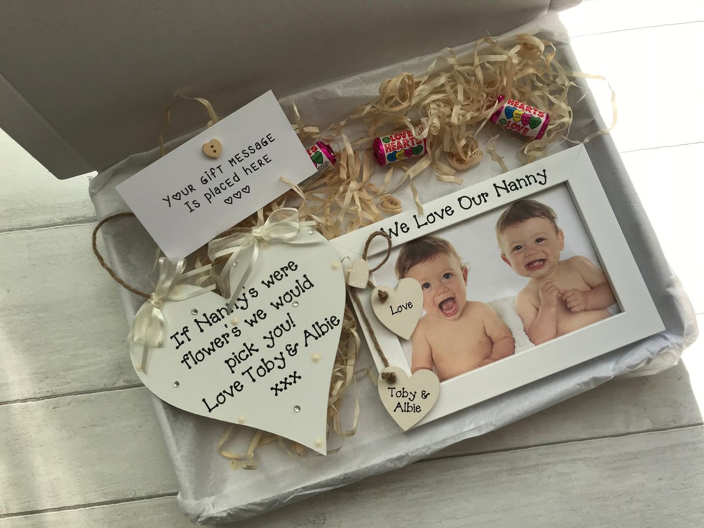 Personalised We Love Our Nanny Birthday Gift Photo Frame Wooden Plaque Gift Hamper Set Keepsake
