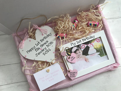 Personalised Baby's 1st Birthday Boy Girl Frame Wooden Plaque Gift Hamper Set Keepsake