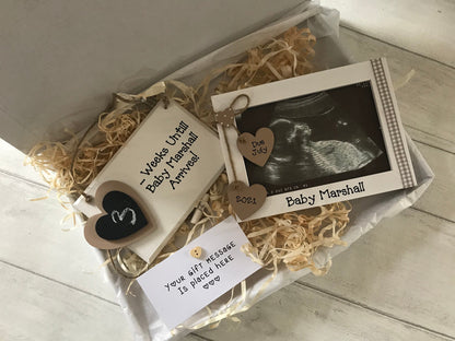 Personalised Baby Scan Announcement Gender Reveal Photo Frame Wooden Plaque Gift Hamper Set Keepsake