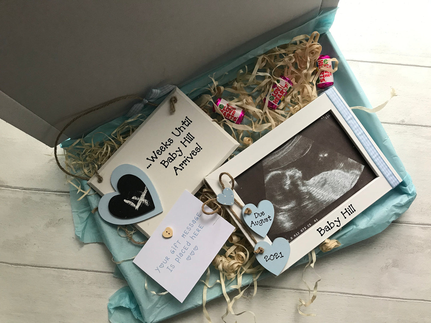 Personalised Baby Scan Announcement Gender Reveal Photo Frame Wooden Plaque Gift Hamper Set Keepsake